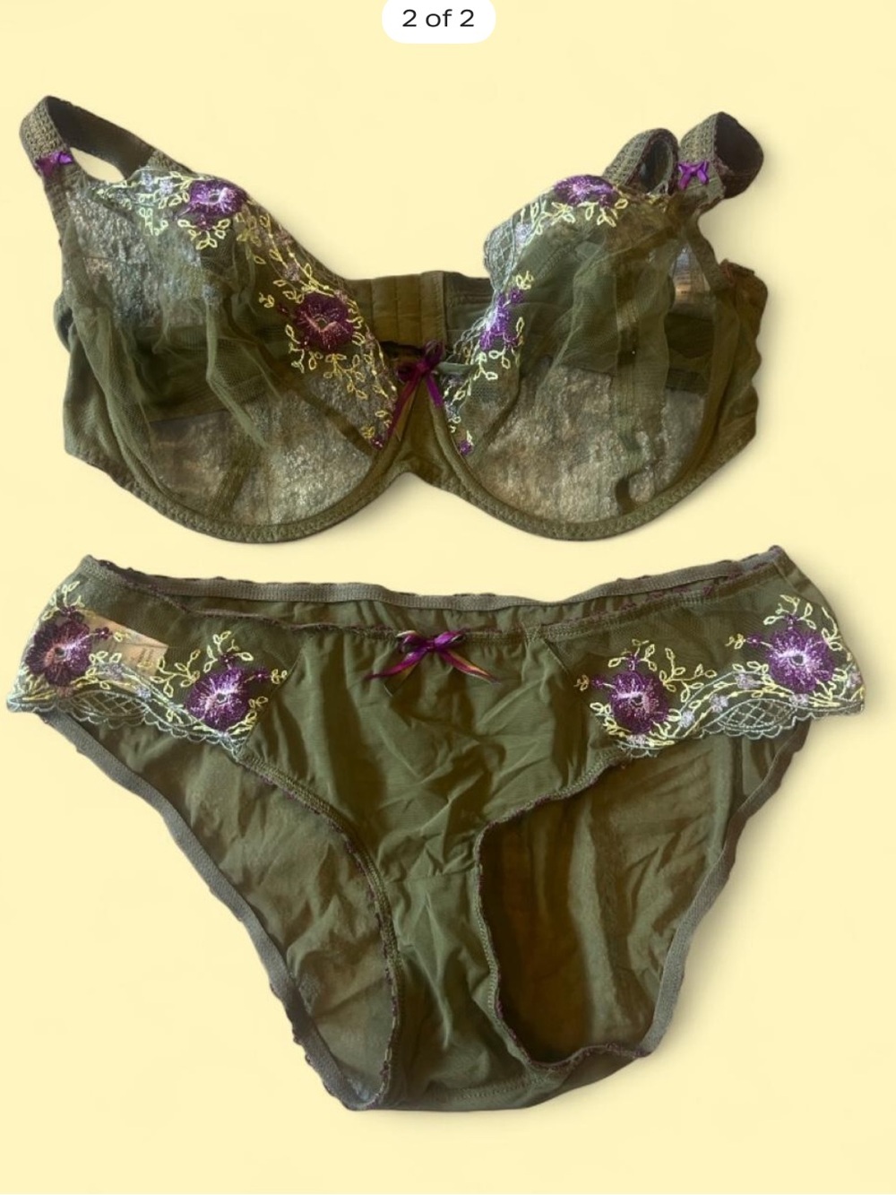Embroidered Forest Green Lace Underwire Bra & Panty Set